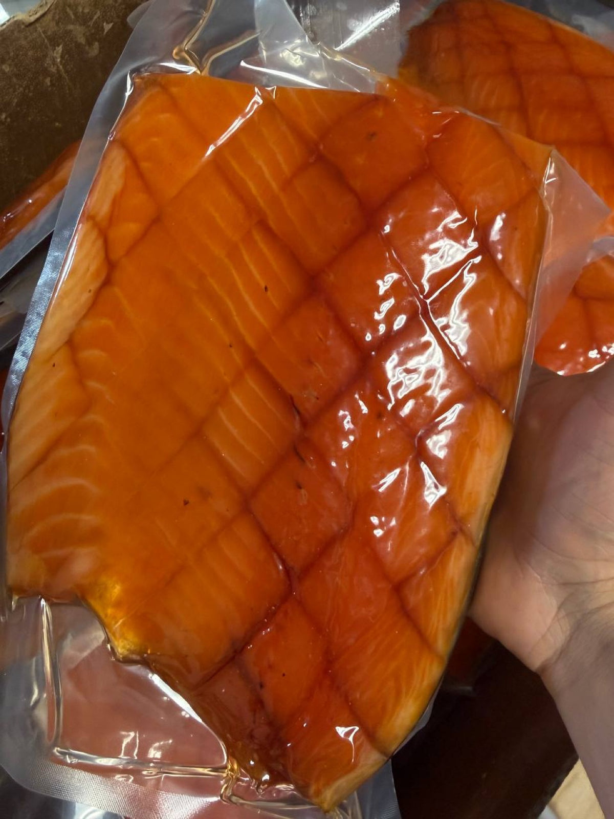 Yukola cold-smoked salmon, vacuum-packed scored fillet